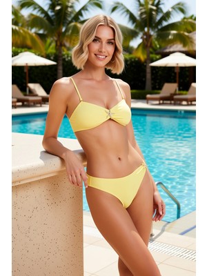 Benerly Kadın Bikini Takımı Askılı Straplez Kesim Kaplı Üst Normal Bel Slip Alt Döküm Aksesuar Örme Kumaş