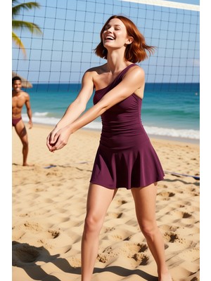 PayBuy Kadın Etek Mayo Şort Tek Omuz Kolsuz Balensiz Kap Düz Desen Örme Raşel Dokuma Kumaş Regular Kalıp