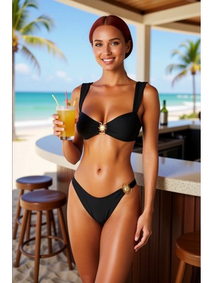 PayBuy Kadın Bikini Takımı Bralette Üst Balensiz Normal Bel Slip Alt Döküm Aksesuar Detay Kolsuz Örme Kumaş