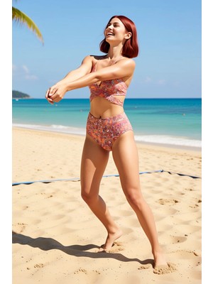 PayBuy Kadın Bikini Takımı Kruvaze Yaka Balensiz Atma Kap Bağlamalı Yüksek Bel Hipster Alt Etnik Desen Örme