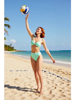 PayBuy Kadın Bikini Takımı Düğümlü Bralette Kaplı Balensiz Yüksek Bel Slip Alt Örme Dokulu Kumaş Regular