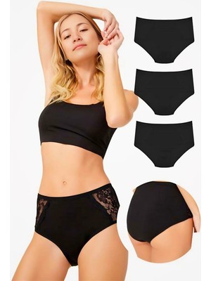 Homay 3'lü Siyah Büyük Beden Dantel Detaylı Pamuklu Bikini Külot