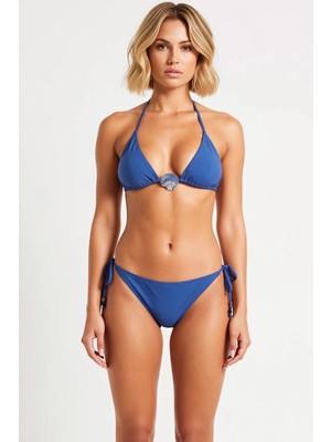 Benerly Kadın Bikini Takımı Ayarlanabilir Üçgen Kap Kolsuz Süper Yüksek Bel Slip Aksesuarlı Düz Örme Simli