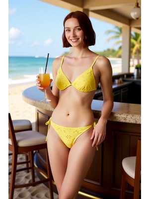 PayBuy Kadın Dokulu Örme Üçgen Bikini Takımı Kolsuz Normal Bel Bağlamalı Balensiz Regular Kesim Şık