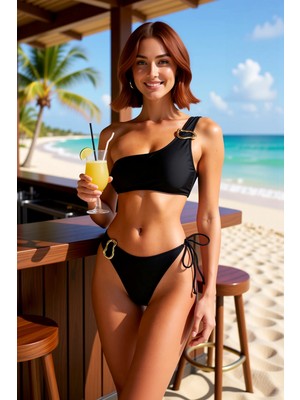 PayBuy Kadın Bikini Takımı Tek Omuz Kaplı Balensiz Bağlamalı Slip Alt Normal Bel Kolsuz Düz Desen