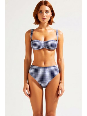 PayBuy Kadın Ekose Desenli Bralette Kesim Kolsuz Dokulu Bikini Takımı Balensiz Fonksiyonel Modern