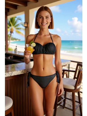 PayBuy Kadın Bikini Takımı Straplez Drapeli Sabit Kap Balensiz Normal Bel Bağlama Detaylı Simli Örme