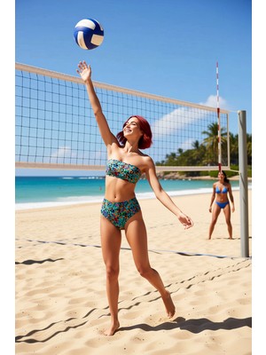PayBuy Kadın Bikini Takımı Straplez Balensiz Yüksek Bel Hipster Örme Raşel Dokuma Desenli Kaplı Kolsuz