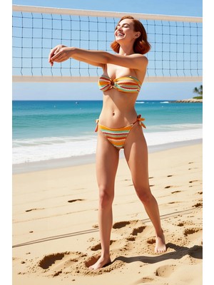 PayBuy Kadın Plaj Takımı Geometrik Desenli Straplez Bikini Üstü Normal Bel Slip Alt Uzun Kol Açık Yaka