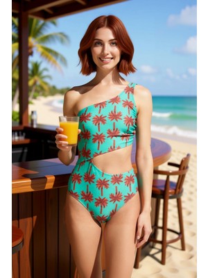 PayBuy Kadın Mayokini Tek Omuz Balenli Kaplı Cut Out Detaylı Tropikal Desenli Kolsuz Regular Kalıp Örme