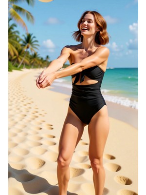 PayBuy Kadın Mayo Straplez Cut Out Detaylı Balensiz Kaplı Kolsuz Düz Desen Regular Siluet Örme Raşel