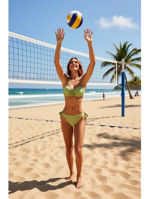 PayBuy Kadın Bikini Takımı Straplez Drapeli Sabit Kap Balensiz Normal Bel Bağlama Detaylı Simli Örme