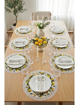Rona Home 6 Adet Yuvarlak Supla Seti Güpürlü Limon Desenli Şık Amerikan Servis