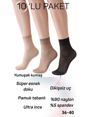 Kadın 15 Denye Pamuk Taban Şeffaf Çorap 10’lu Paket – Esnek, Dikişsiz Uç (36-40)
