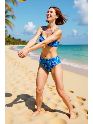 PayBuy Kadın Bikini Takımı Balconette Kaplı Balenli Yüksek Bel Hipster Şal Desen Taş Baskı Kolsuz Örme