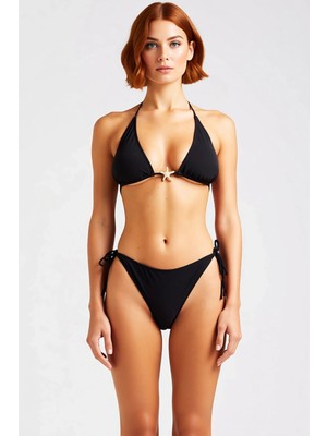 PayBuy Kadın Bikini Takımı Üçgen Kap Kolsuz Düz Desen Döküm Aksesuarlı Balensiz Bağlama Bağcık Örme Raşel