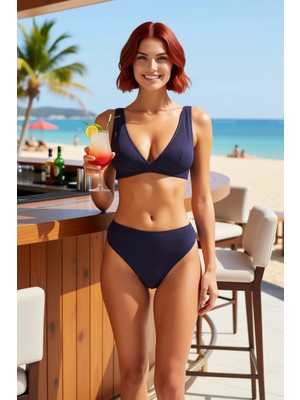 PayBuy Kadın Bikini Takımı Üçgen Kap Balensiz Yüksek Bel Slip Düz Desen Dokulu Örme Kumaş Regular Kesim
