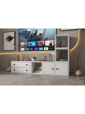 Nettrends Modern Modüler Tv Ünitesi Seti - 2 Çekmeceli ve Çok Amaçlı Kitaplık Bölmeli Tv Sehpası NRG-TVT-1025