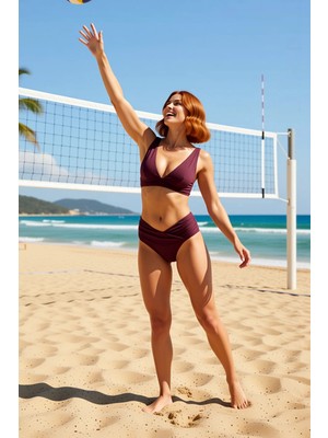 PayBuy Kadın Bikini Takımı Drapeli Üçgen Kaplı Balensiz V Yaka Yüksek Bel Brazilian Kesim Kolsuz Raşel