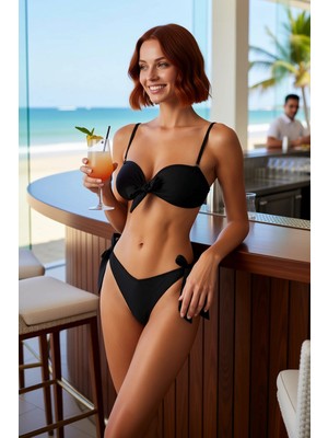 PayBuy Kadın Bikini Takımı Bağlamalı Straplez Kaplı Brazilian Yüksek Bel Balensiz Örme Raşel Düz Şık