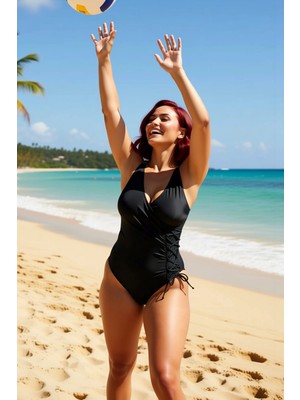 PayBuy Kadın Büyük Beden Mayo Kruvaze V Yaka Kolsuz Bağlama Detaylı Düz Desen Örme Suya Dayanıklı Beachwear