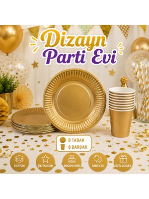 Dizayn Parti Evi Gold Karton Tabak Bardak Seti 8 Kişilik Lüks Parti Sofra Seti Doğum Günü Konsepti