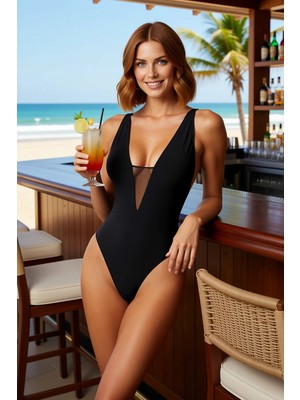 PayBuy Kadın Mayo Mesh Detaylı V Yaka Kaplı Balensiz Kolsuz Brazilian Kesim Örme Kumaş Açık Arka
