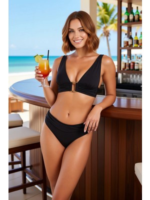 PayBuy Kadın Bikini Takımı Üçgen Kaplı Yüksek Bel Balensiz Kolsuz Aksesuarlı Düz Desen Örme Raşel Kumaş