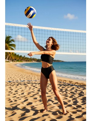PayBuy Kadın Mayokini Tek Omuz Kolsuz Döküm Aksesuarlı Cut Out Detaylı Regular Kalıp Örme Kumaş Balensiz