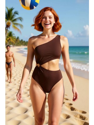 PayBuy Kadın Mayokini Tek Omuz Kolsuz Yan Cut Out Aksesuarlı Balensiz Regular Kesim Düz Desen Yazlık