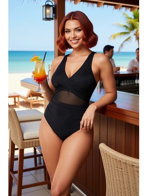 PayBuy Kadın Büyük Beden Mayo V Yaka Kolsuz Bel Cut Out Mesh Detay Örme Kumaş Suya Dayanıklı