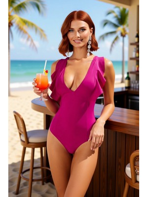 PayBuy Kadın Mayo Volanlı V Yaka Kolsuz Balensiz Destekli Örme Kumaş Regular Kesim Düz Desen