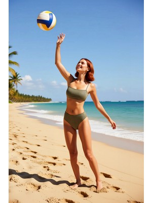 PayBuy Kadın Bikini Takımı Straplez Destekli Üst Yüksek Bel Slip Alt Örme Simli Düz Regular Kesim Kolsuz