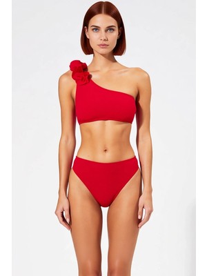PayBuy Kadın Bikini Takımı Tek Omuz Aplike Detaylı Yüksek Bel Balensiz Kolsuz Regular Kalıp Örme Kumaş