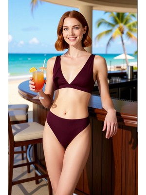 PayBuy Kadın Bikini Takımı Üçgen Kap Balensiz Yüksek Bel Slip Düz Desen Dokulu Örme Kumaş Regular Kesim