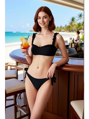 PayBuy Kadın Bikini Takımı Fırfırlı Bralette Üst Normal Bel Bağlamalı Slip Alt Balensiz Kolsuz Örme Raşel