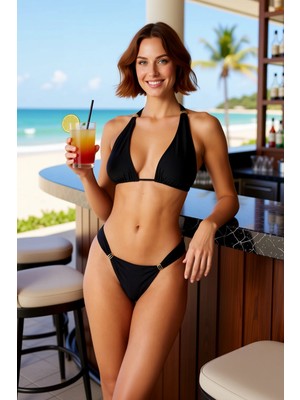PayBuy Kadın Bikini Takımı Üçgen Kaplı Halter Yaka Kolsuz Düşük Bel Balensiz Aksesuarlı Regular Kalıp