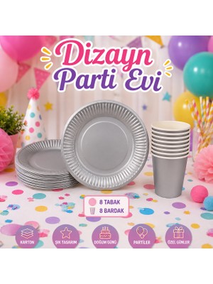 Dizayn Parti Evi Gri Karton Tabak Bardak Seti 8 Kişilik Parti Sofra Seti Modern Doğum Günü Konsepti