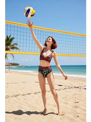 PayBuy Kadın Bikini Takımı Üçgen Kap Kolsuz Yüksek Bel Hipster Alt Çiçek Desenli Balensiz Örme Raşel