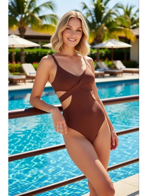 Benerly Kadın Mayokini Regular Zebra Desenli V Yaka Kolsuz Cut Out Detaylı Bağlamalı Kaplı Örme