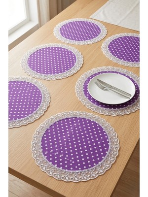Rona Home Amerikan Servis 6’lı Set Mor Puantiyeli Dantel Kenarlı – Masa Örtüsü Alternatifi