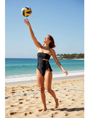 PayBuy Kadın Mayo Straplez Balensiz Kaplı Cut Out Detaylı Kolsuz Örme Düz Desen Regular Kesim Şık