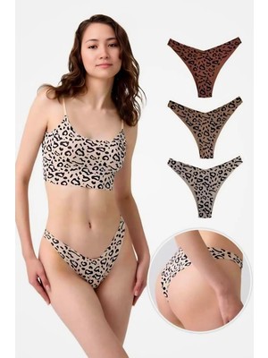 Homay 3'lü Leopar Desenli Lazer Kesim Basic Brezilya Külot