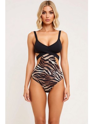 Benerly Kadın Mayokini Regular Zebra Desenli V Yaka Kolsuz Cut Out Detaylı Bağlamalı Kaplı Örme