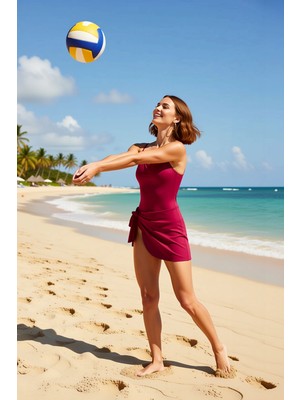 PayBuy Kadın Mayo Etek Kare Yaka Kolsuz Bağlamalı Detaylı Örme Kumaş Balensiz Kaplı Regular Kalıp Yazlık