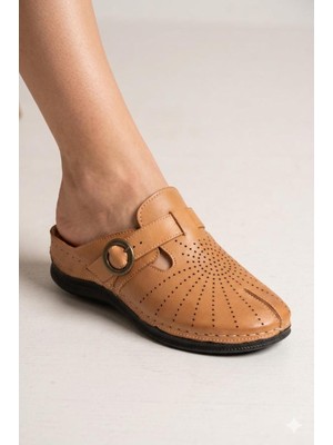Shoemix Hakiki Deri Taba Kadın Terlik Konforlu Günlük Sabo Toka Detaylı Anatomik Taban Terlik