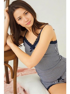 Homay 2'li Çizgili Dantel Kenarlıklı Ince Askılı Şortlu Pamuklu Pijama Takımı