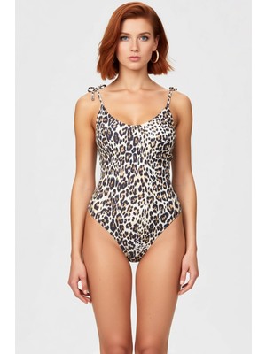 PayBuy Kadın Mayo Leopar Desenli V Yaka Bağlamalı Askılı Kolsuz Regular Kalıp Balensiz Örme Raşel Kumaş