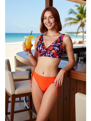 PayBuy Kadın Bikini Takımı V Yaka Kolsuz Balensiz Yüksek Bel Bağlamalı Örme Raşel Kumaş Yaprak Desenli