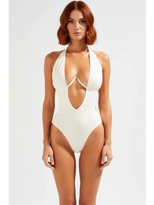 PayBuy Kadın Mayokini V Yaka Halter Balenli Balconette Kaplı Telli Kolsuz Düz Desen Örme Kumaş Şık